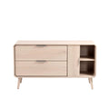 **Meuble de rangement en bois clair avec tiroirs et compartiment ouvert**