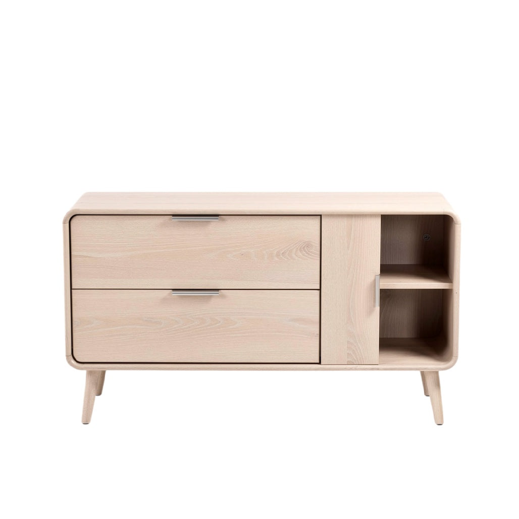 **Meuble de rangement en bois clair avec tiroirs et compartiment ouvert**