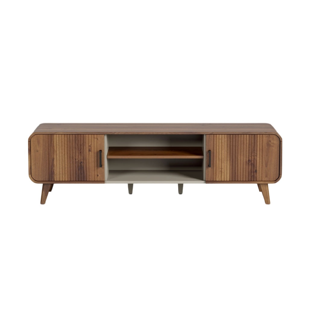 **Meuble TV en bois avec portes et étagères ouvertes**